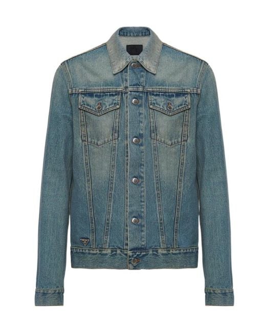 Prada Blue Enamelled Tag Detailed Denim Jacket for men