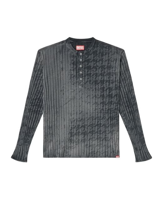 DIESEL Gray Ribbed Henley Top With Houndstooth Motif for men