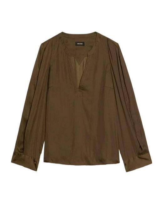 Zadig & Voltaire Green Torny V-Neck Satin Blouse