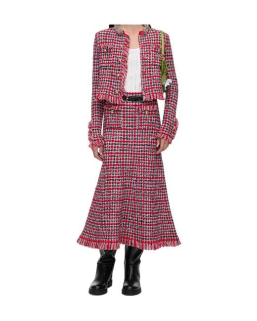 Self-Portrait Red Check Frayed Knit Midi Skirt