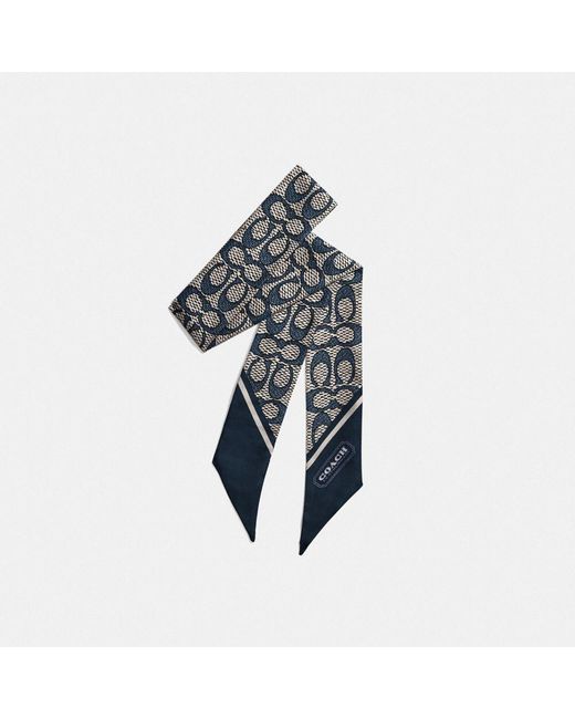 COACH Blue Textured Signature Print Silk Skinny Scarf