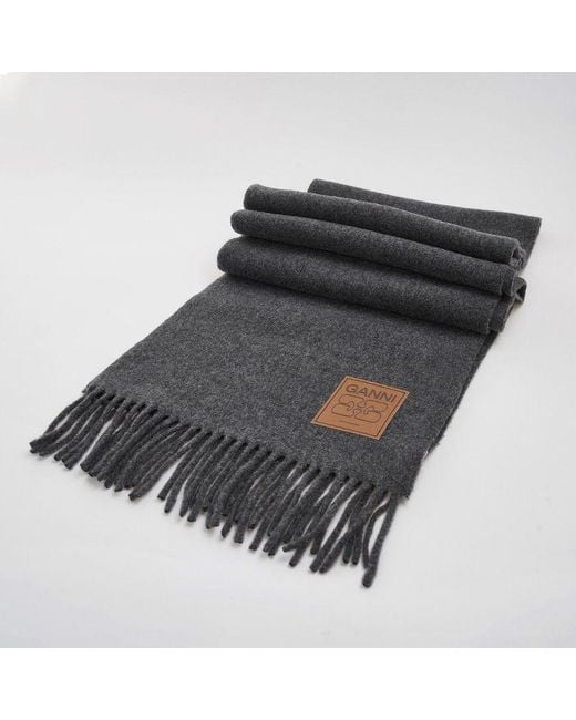 Ganni Blue Logo-Patch Fringed Edge Scarf