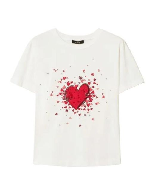 Twinset White Heart-Print Rhinestone T-Shirt