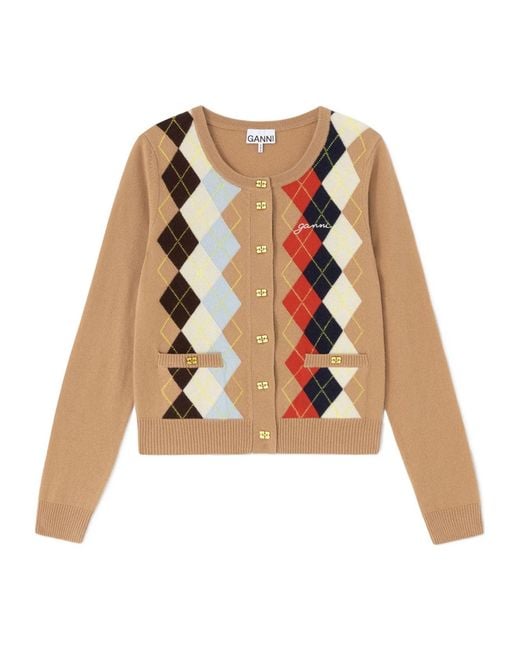 Ganni Natural Argyle Printed Cardigan