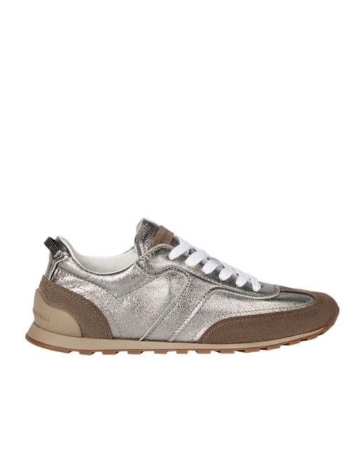 Brunello Cucinelli White Lamé Calfskin And Suede Runners With Shiny Loop