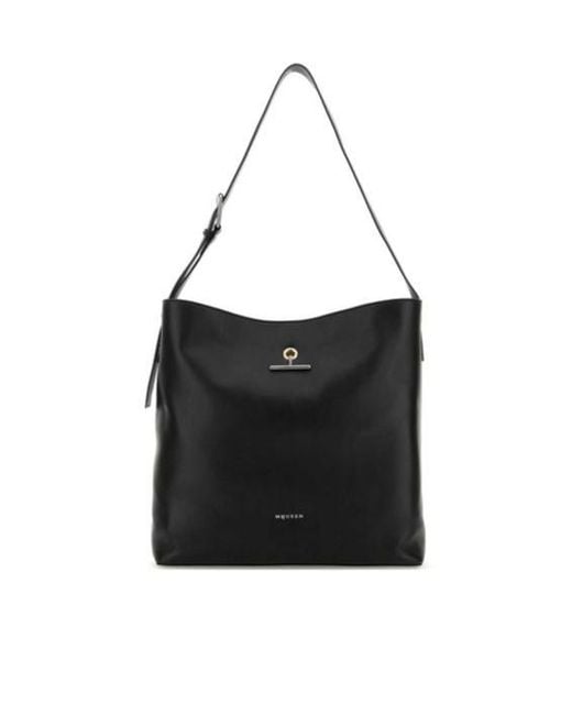 McQueen Black Pendant Logo Printed Shoulder Bag for men