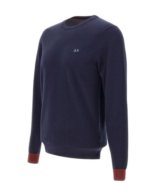 Sun 68 Blue Logo Embroidered Crewneck Knitted Jumper for men