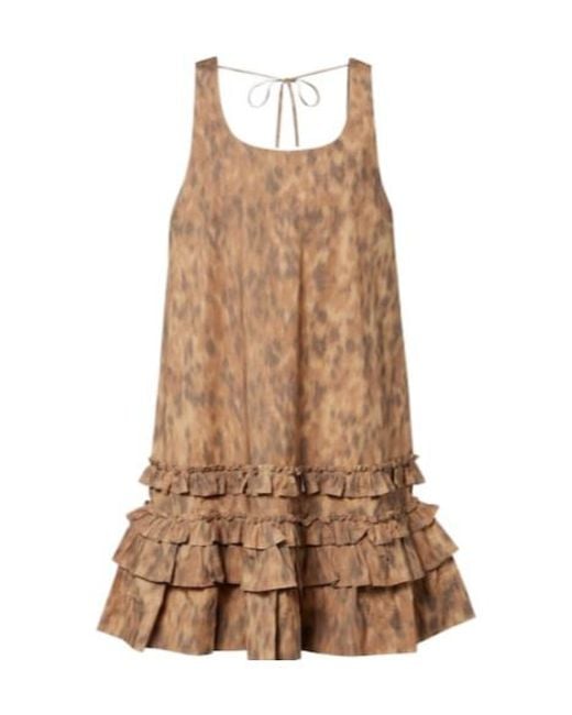 Ganni Brown Ruffled Printed Cotton Minidress