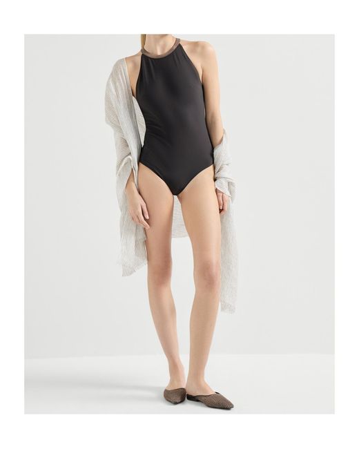 Brunello Cucinelli Black Monili Halterneck Swimsuit
