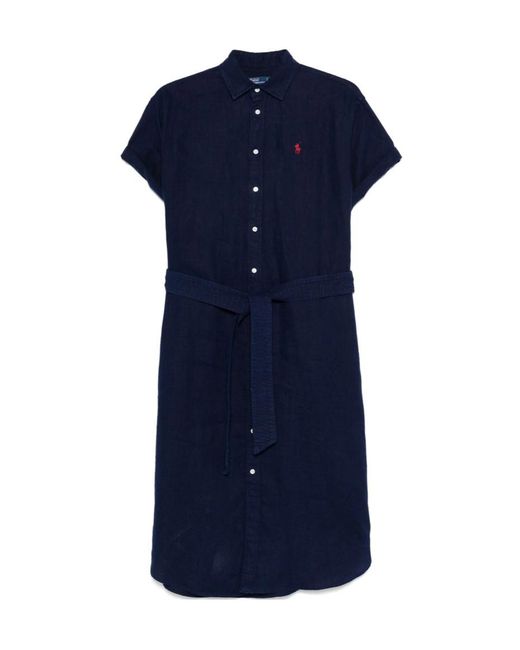 Polo Ralph Lauren Blue Logo Embroidered Oxford Midi Shirt Dress