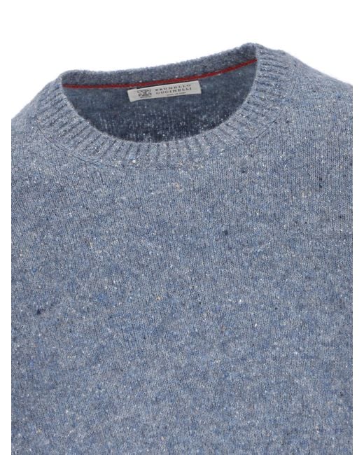 Brunello Cucinelli Blue Mottled Crew Neck Knitted Sweater for men