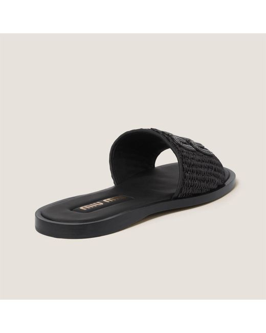 Miu Miu Black Raffia-Effect Woven Fabric Slides