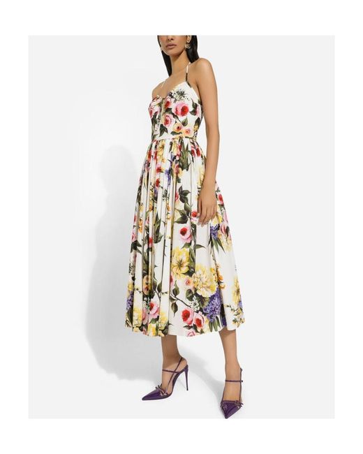 Dolce & Gabbana White Garden Printed Calf-Length Dress