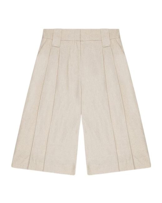 Ganni Natural Off- Cotton Melange Tailoring Wide Shorts