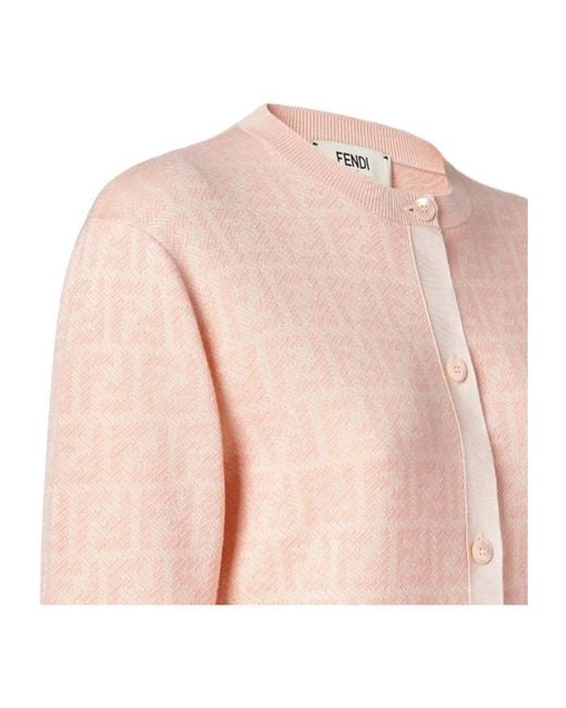 Fendi Pink Ff Jacquard Crewneck Buttoned Cardigan