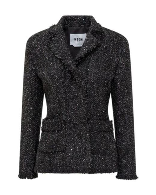 MSGM Black Long-Sleeved Single-Breasted Bouclé Blazer