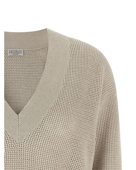 Brunello Cucinelli Gray V-Neck Openwork Sweater