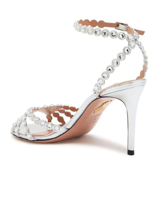 Aquazzura Tequila 85 Embellished Metallic Leather Sandals