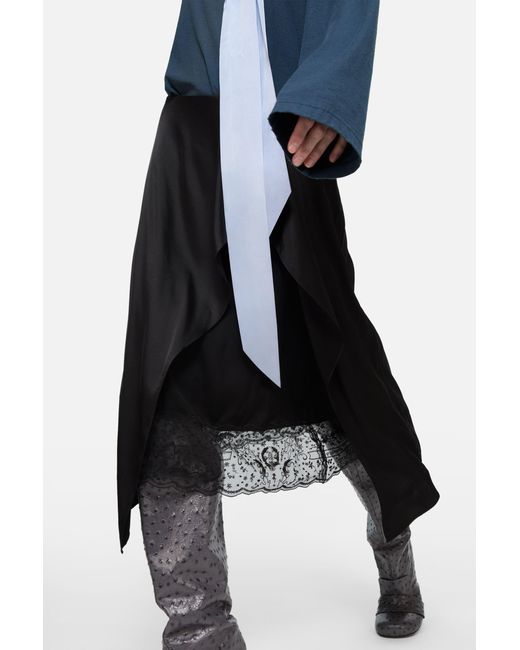 Acne Black Ruffled Lace-Trim Midi Skirt