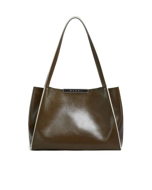 Marni Brown Deep Leather Cresta E/W Small Tote Bag
