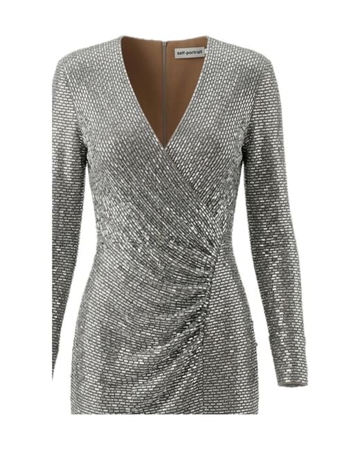 Self-Portrait Gray Studded Wrap Mini Dress