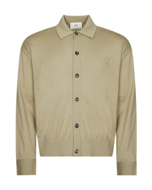 AMI Green Long-Sleeved Button-Up Cardigan for men