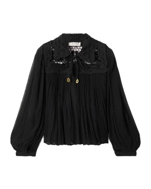 Sea Black Lace-Trimmed Crinkled Crepon Blouse