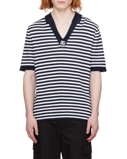 Dolce & Gabbana Blue Dg Logo Embroidered Striped V-Neck Polo Shirt for men