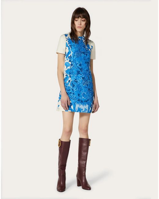 Valentino Blue Floral Print Short-Sleeve Dress