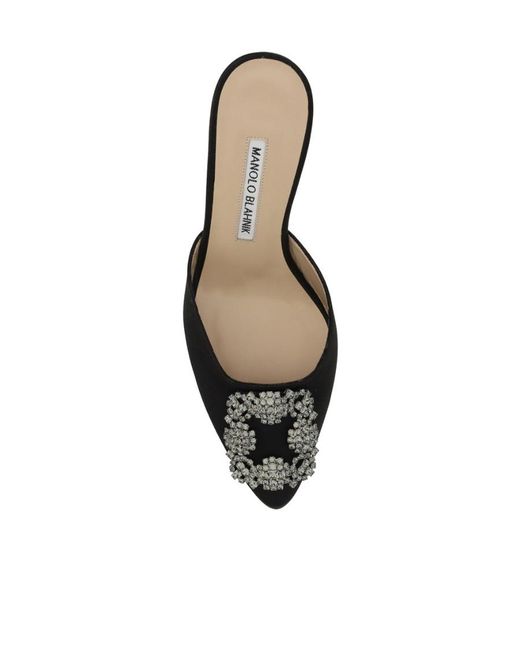 Manolo Blahnik Black Hangisimuhk Satin Buckle Embellished Mules