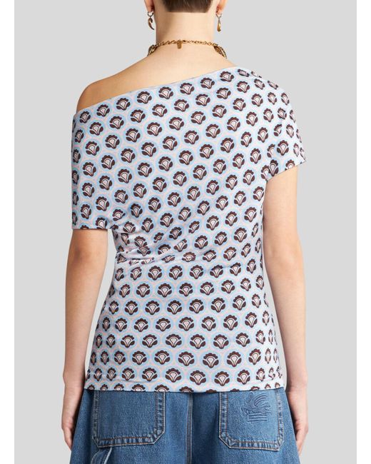 Etro Blue Pattern-Printed Off-Shoulder Asymmetric Top