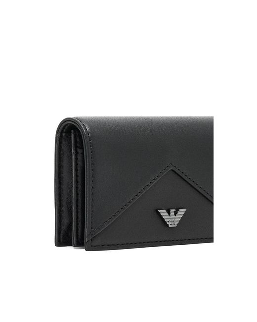 Emporio Armani Black Nappa Leather Card Holder With Flap With Geometric Detail for men