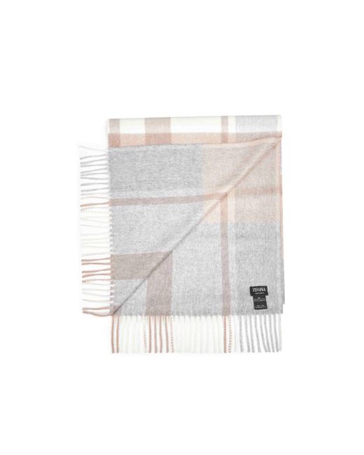 Zegna White Checked Fringed Knitted Scarf for men