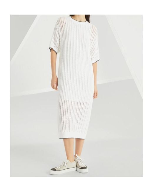 Brunello Cucinelli White Ribbed-Knit Short-Sleeved Dress