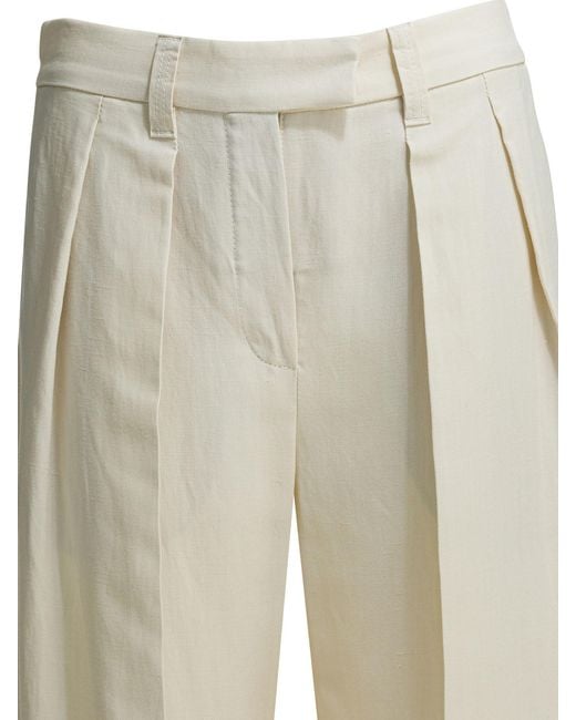 Brunello Cucinelli Natural Pleated Wide-Leg Trousers