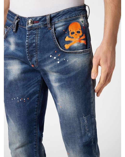 Philipp Plein Blue Paint Effect Straight Denim Trousers for men