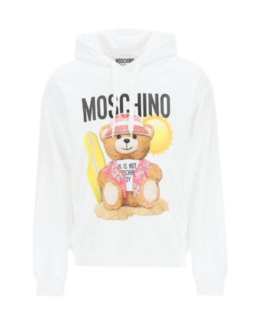 Moschino White Teddy Bear Printed Drawstring Hoodie for men