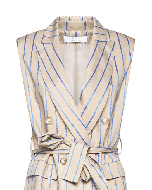 Kaos Natural Long Double Breasted Sleeveless Striped Vest