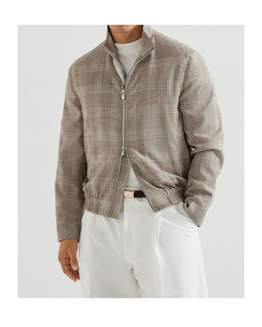 Brunello Cucinelli Brown Tartan Stand Collar Jacket for men