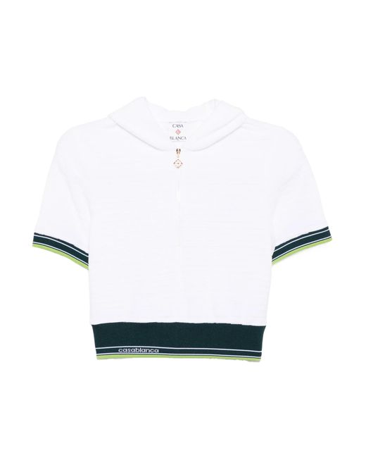 Casablanca White Tennis Textured Velour Cropped Hooded Top
