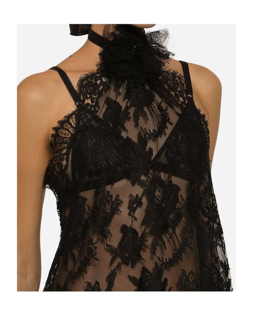 Dolce & Gabbana Black Flower Detailed Asymmetrical Lace Top