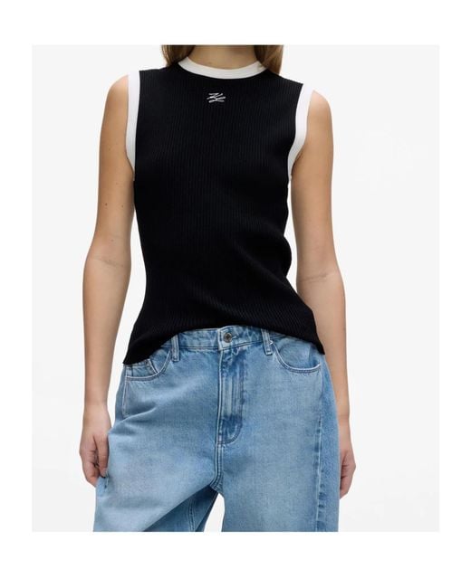 Karl Lagerfeld Black Ribbed-Knit Contrast-Trim Tank Top