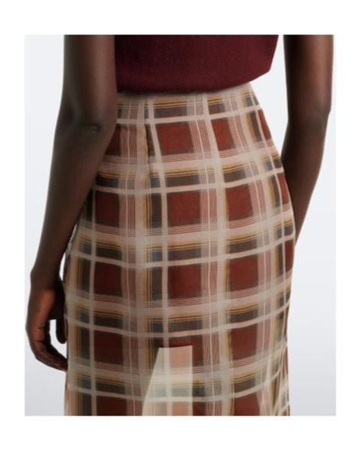 FRAME Brown Check Silk Midi Skirt