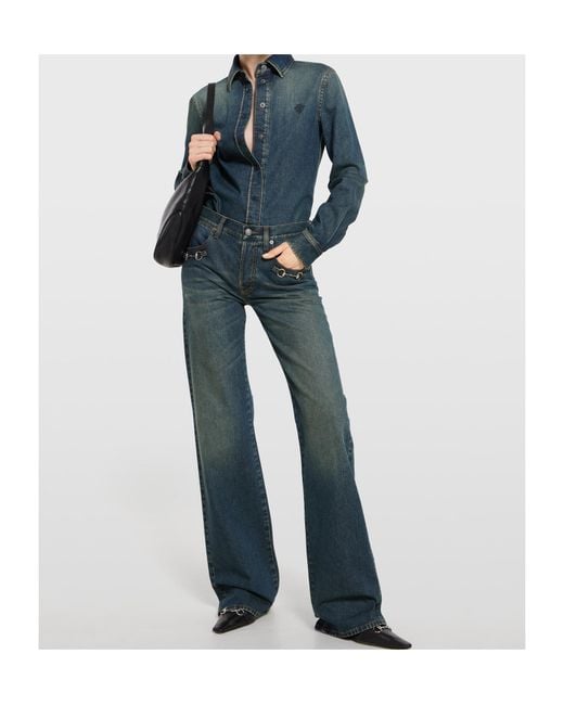 Gucci Blue Embroidery Long-Sleeve Denim Shirt