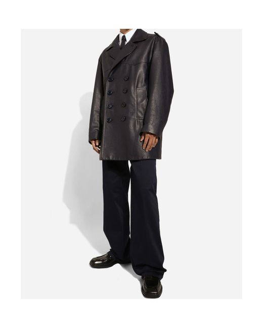 Dolce & Gabbana Black Peak-Lapels Leather Double-Breasted Coat for men