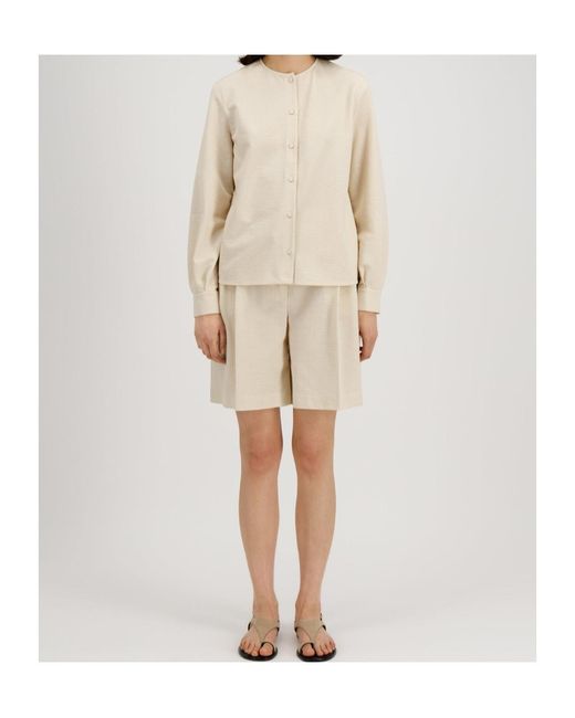 Harris Wharf London Natural Collarless Shirt Coolmax Seersucker