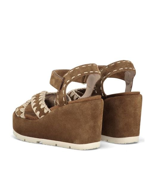 Mou Brown Criss Cross Stitched Wedge Sandals