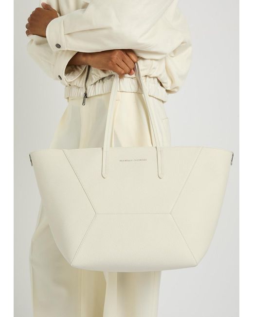 Brunello Cucinelli White Bead Medium Grained Leather Tote Bag