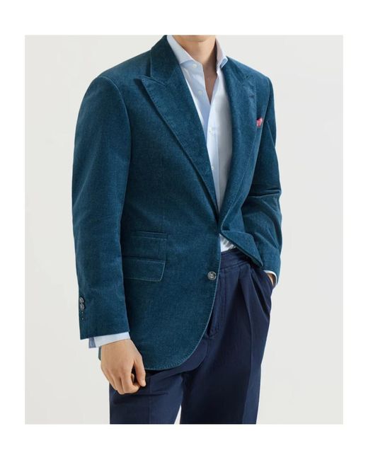 Brunello Cucinelli Blue Denim-Effect Cotton Velvet Tailor Blazer With Peak Lapels for men