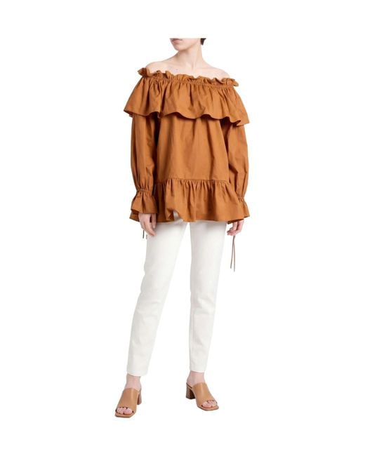 Saint Laurent Brown Solid-Colored Off-Shoulder Top